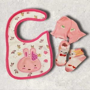 Pink Bunny Bib, Mittens, Socks Gift Set